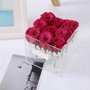 Caixa de presente de flores de acrílico quadrada artesanal com fita 