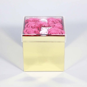 Espelho dourado caixa de exposição acrílica rosa brilhante para flor preservada 