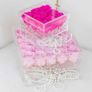 Personalizado com 9 buracos acrílico transparente rosa flor caixa com gaveta 