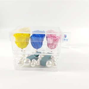 Caixa de flores de acrílico transparente 6 rosa de formato comprido com gaveta para joias 