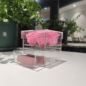 floreira de acrílico transparente rosa com gaveta para 4 rosas 