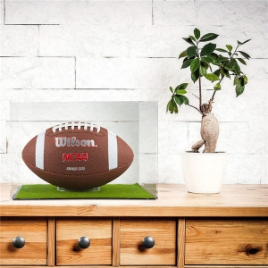 Caixa de armazenamento transparente de futebol com almofada de grama artificial Arquibancada de futebol americano com suporte de bola 