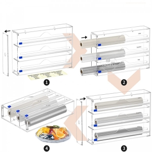 Dispensador de filme plástico acrílico de 3 camadas para organizador de cozinha
 