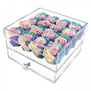 Claro quadrado de 16 furos de acrílico acrílico rosa flor caixa com gaveta 