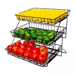 Suporte para cesta de frutas em malha de metal personalizado preto de 3 camadas 