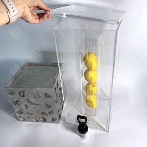 Distribuidor de bebidas em acrílico Lucite transparente com base em aço inoxidável 