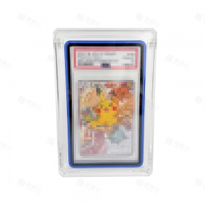 Vitrine expositora em acrílico PSA com borda diamantada resistente a raios UV e suporte.