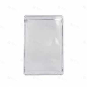 Vitrine expositora em acrílico PSA com borda diamantada resistente a raios UV e suporte. 