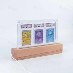 Suporte de acrílico PSA com 3 compartimentos e iluminação LED, com base de madeira. 
