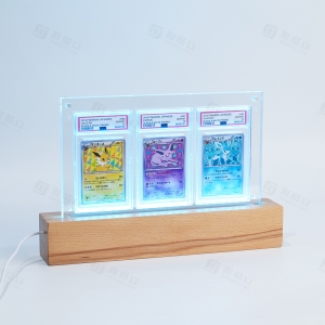 Suporte de acrílico PSA com 3 compartimentos e iluminação LED, com base de madeira. 