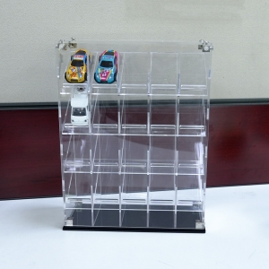 Vitrine expositora de acrílico montável com 4 níveis para carrinhos em miniatura com base preta 